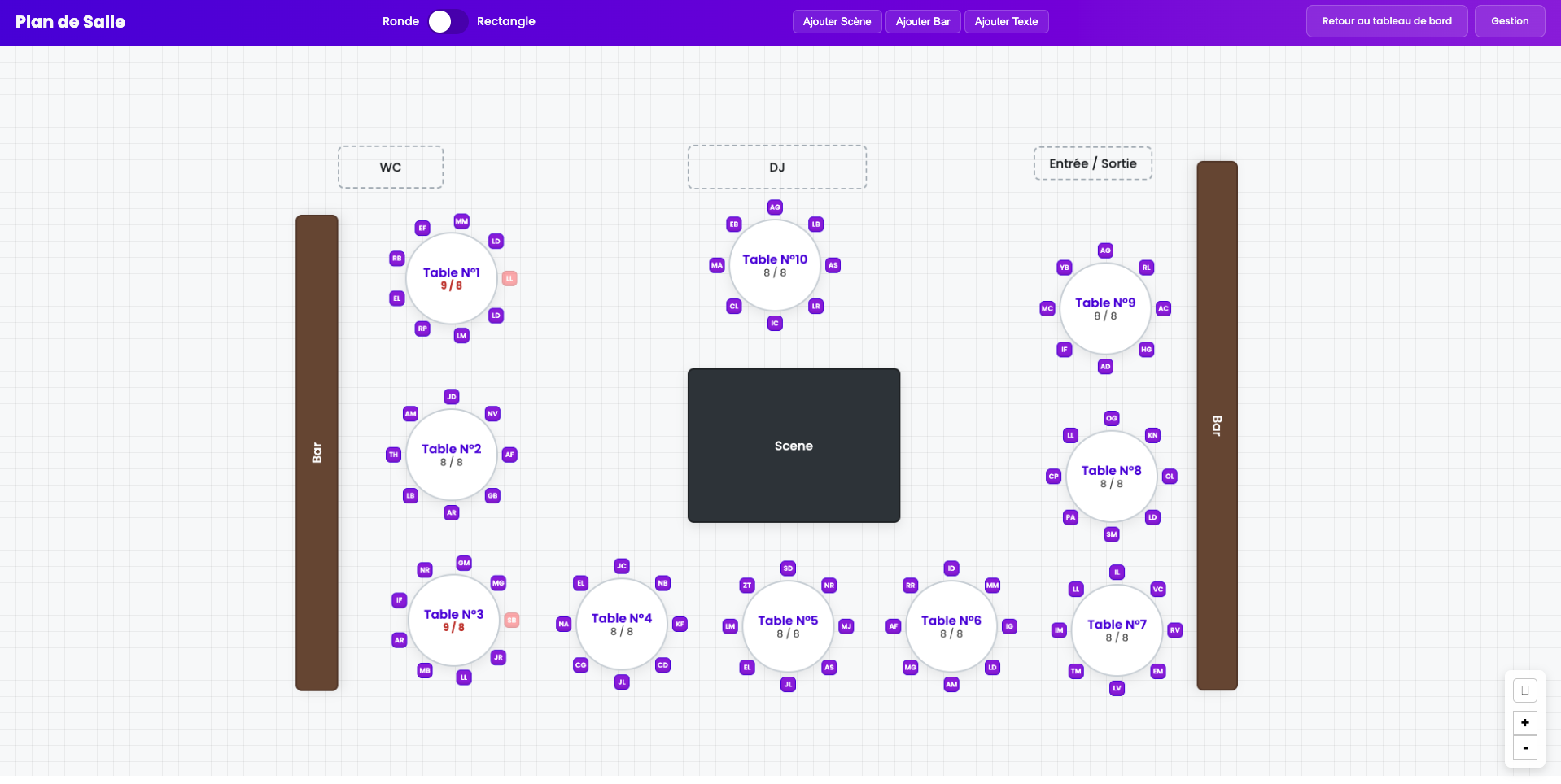 Aperçu de l'interface de création de plan de salle Convive