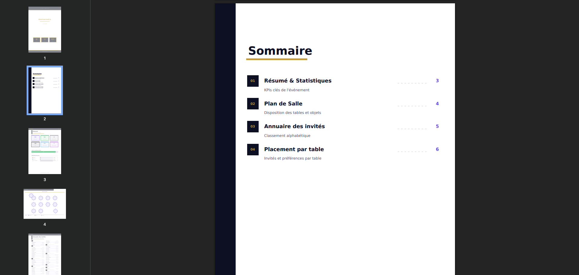 Aperçu du livret PDF exporté, avec son sommaire et ses pages